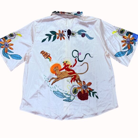 Summer Vibe 2 Piece Set Size 3XL Satin Chic Art Short Sleeve Shirt Wide Leg Pant - Picture 11 of 16